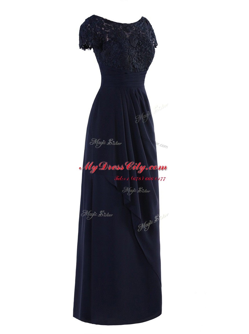 Clearance Scoop Navy Blue Zipper Lace and Ruching Short Sleeves Floor Length