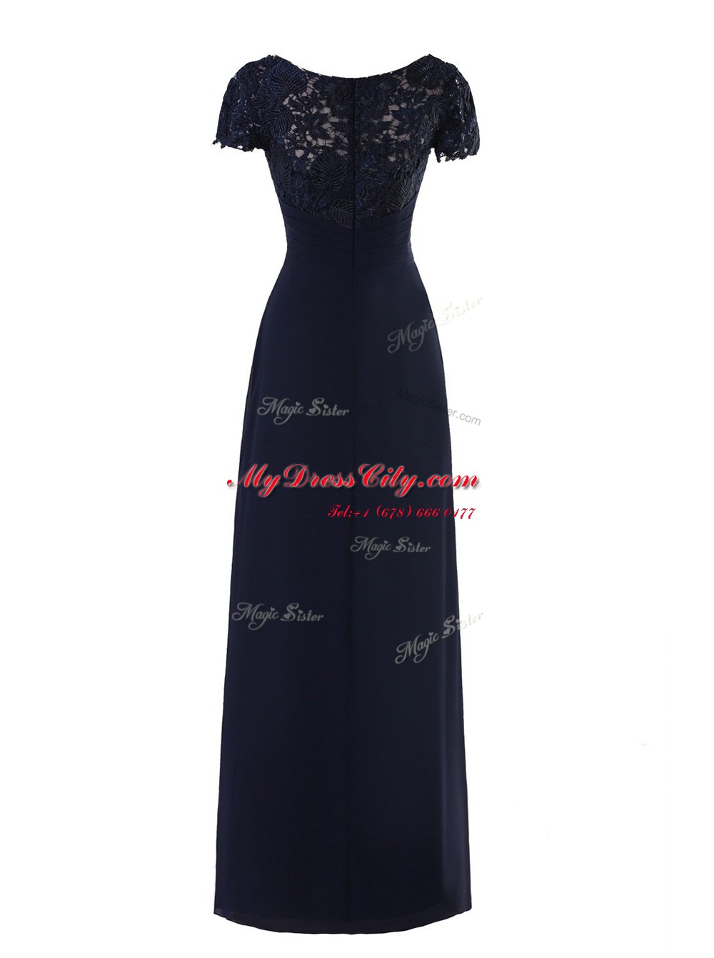 Clearance Scoop Navy Blue Zipper Lace and Ruching Short Sleeves Floor Length