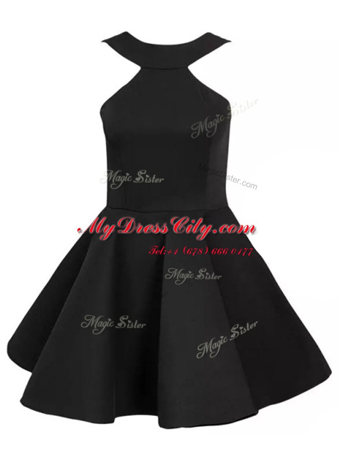 Flirting Black A-line Halter Top Sleeveless Satin Mini Length Zipper Beading Prom Evening Gown