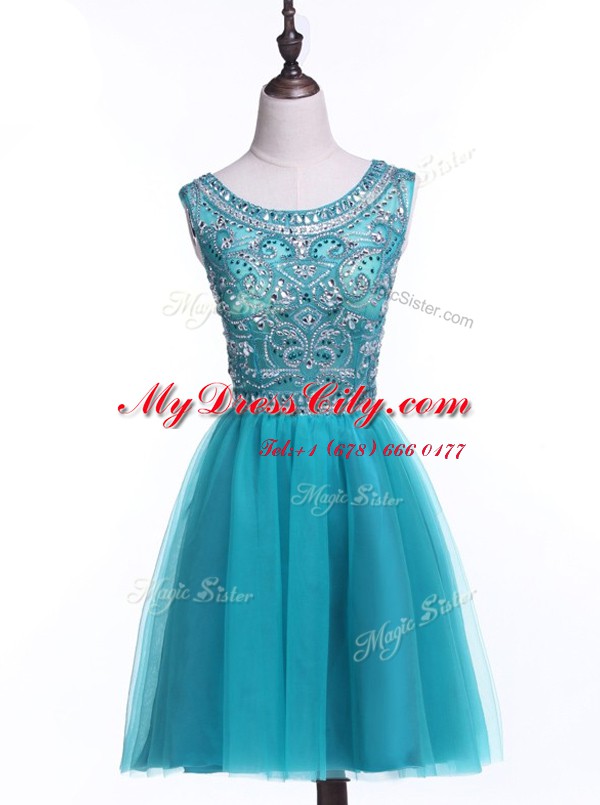 Sequins A-line Prom Dress Teal Scoop Tulle Sleeveless Mini Length Zipper