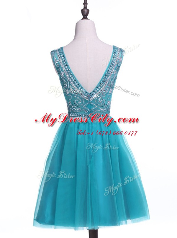 Sequins A-line Prom Dress Teal Scoop Tulle Sleeveless Mini Length Zipper