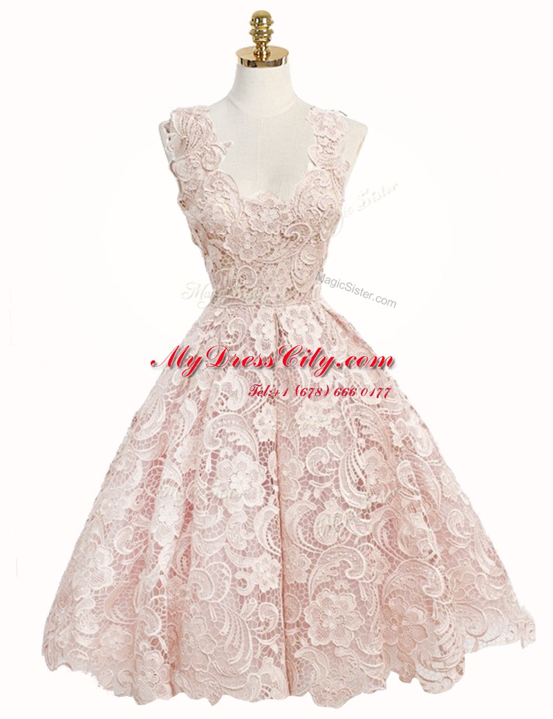 Captivating Baby Pink Zipper V-neck Lace Prom Dress Lace Sleeveless