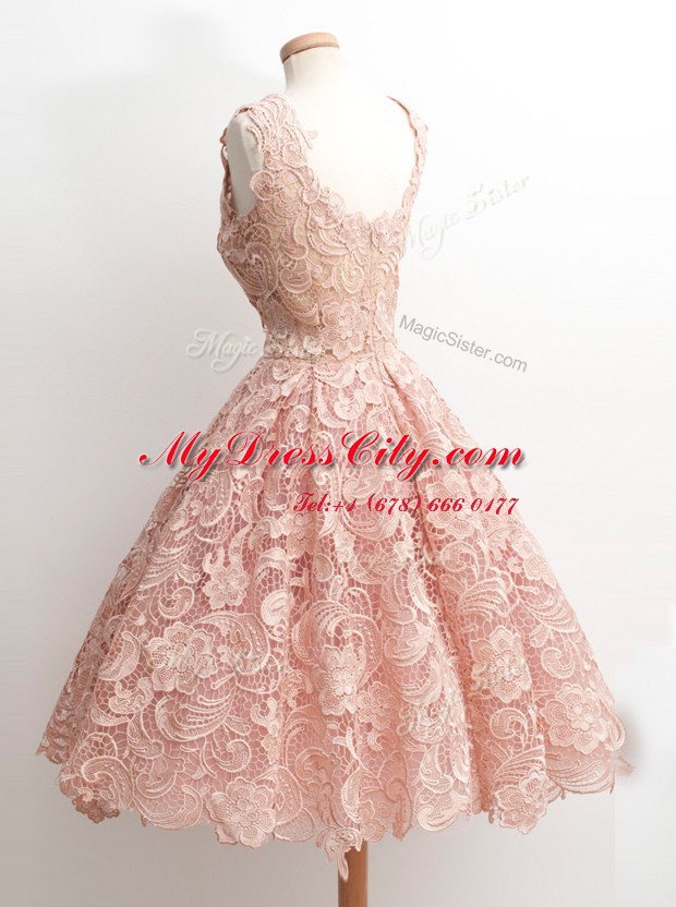 Captivating Baby Pink Zipper V-neck Lace Prom Dress Lace Sleeveless