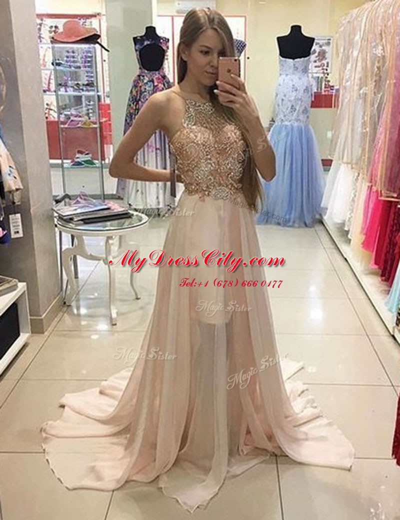 Chic Scoop Sleeveless Brush Train Beading Zipper Prom Evening Gown