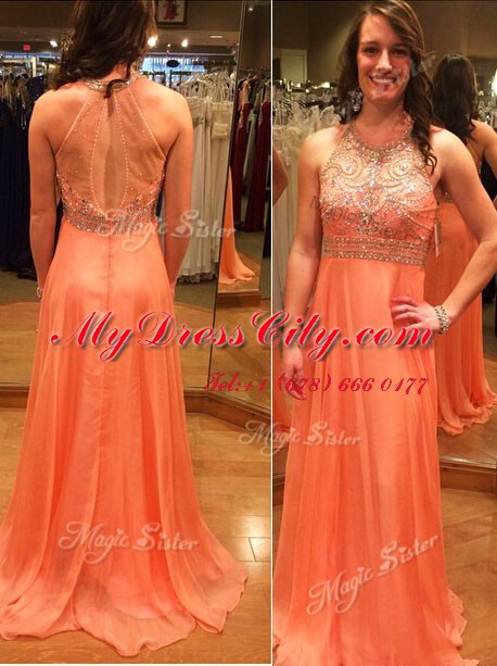 Clearance Scoop Sleeveless Chiffon Prom Party Dress Beading Brush Train Backless