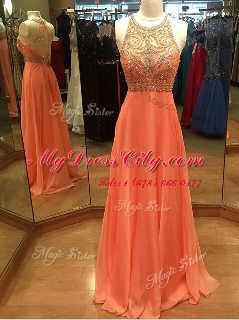 Clearance Scoop Sleeveless Chiffon Prom Party Dress Beading Brush Train Backless