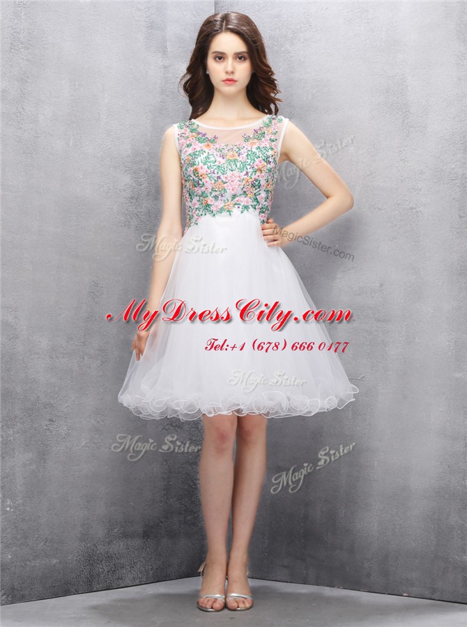 Tulle Scoop Sleeveless Zipper Beading and Embroidery Evening Dress in White