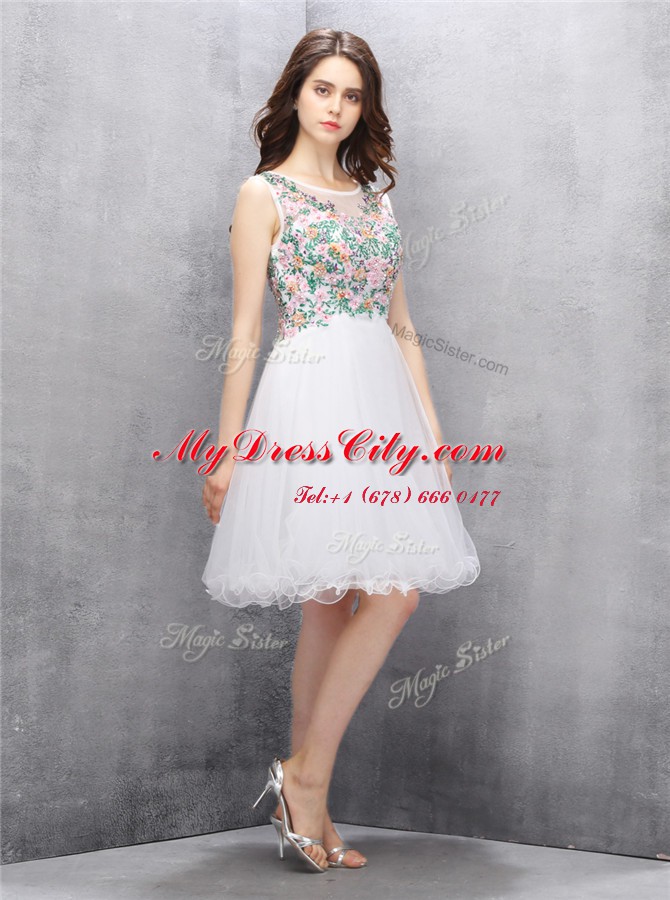 Tulle Scoop Sleeveless Zipper Beading and Embroidery Evening Dress in White