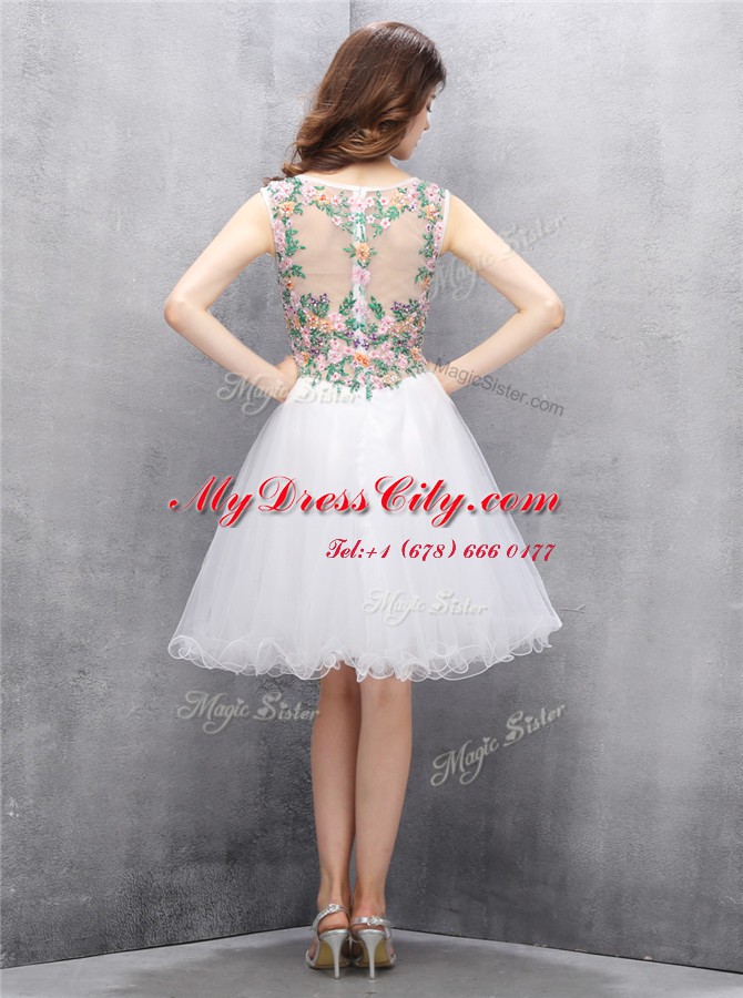 Tulle Scoop Sleeveless Zipper Beading and Embroidery Evening Dress in White