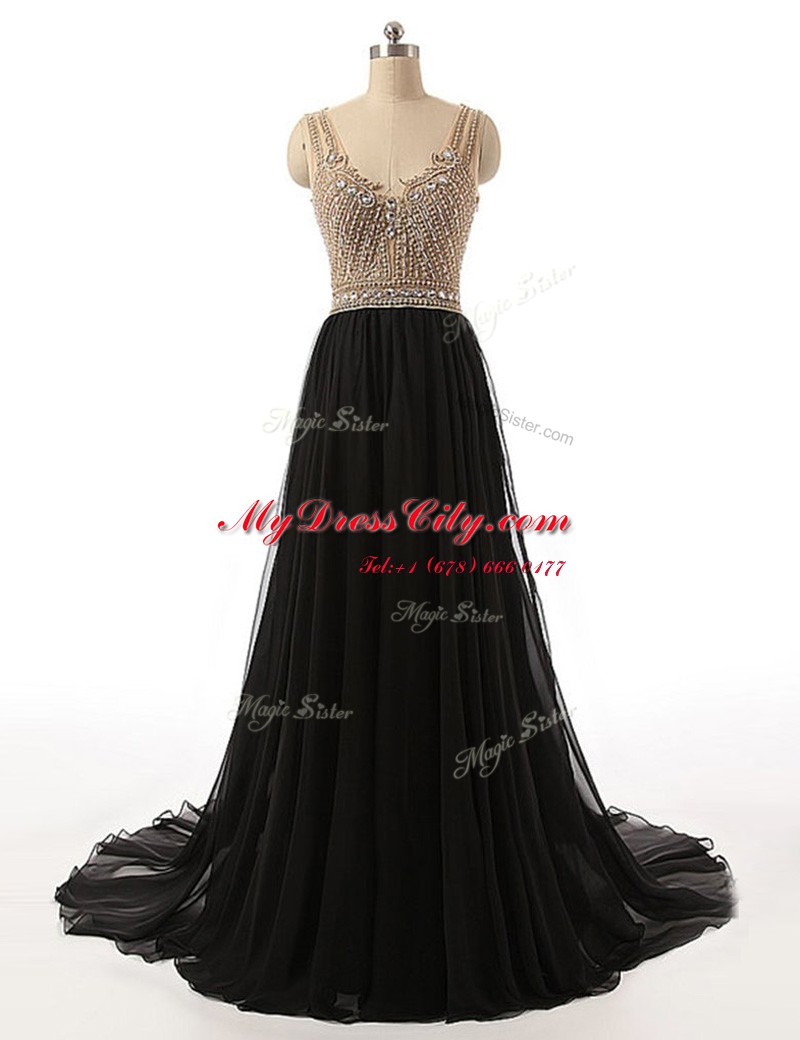 Most Popular V-neck Sleeveless Brush Train Side Zipper Prom Dress Black Tulle