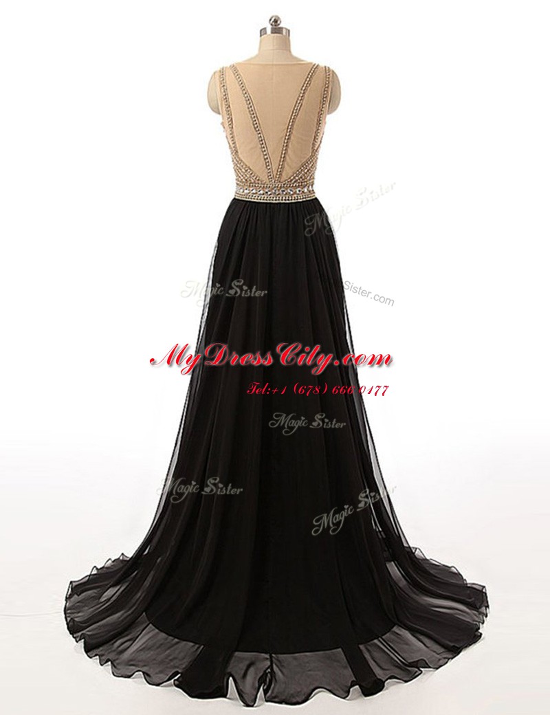 Most Popular V-neck Sleeveless Brush Train Side Zipper Prom Dress Black Tulle