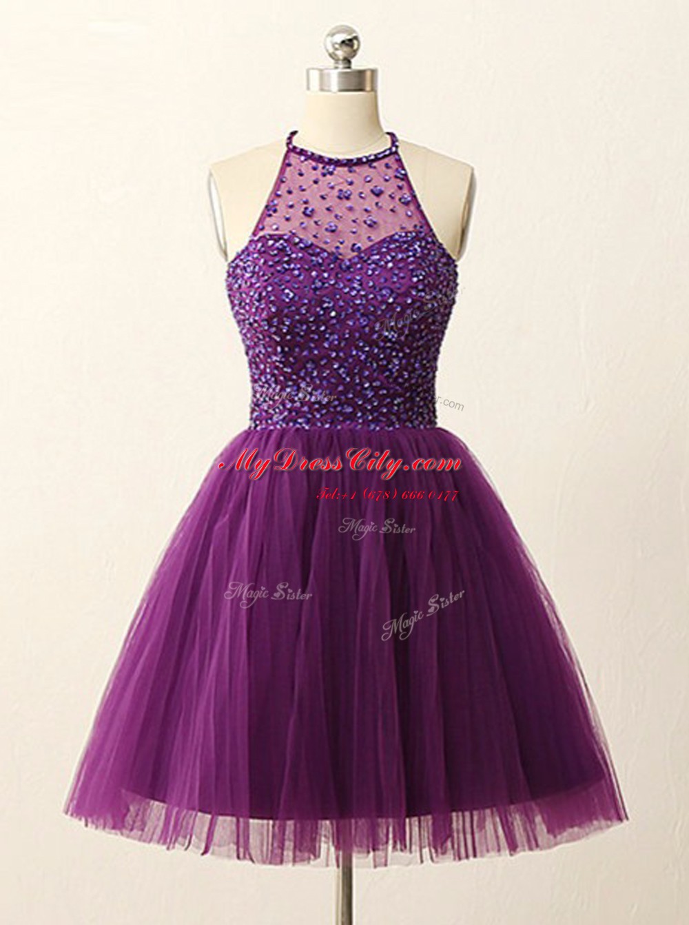 Halter Top Purple Sleeveless Mini Length Beading and Sequins Zipper Party Dress