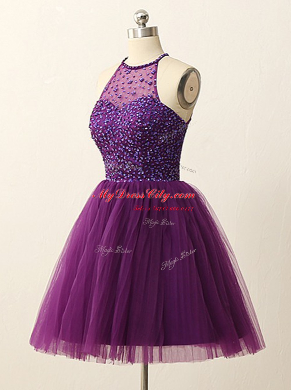 Halter Top Purple Sleeveless Mini Length Beading and Sequins Zipper Party Dress