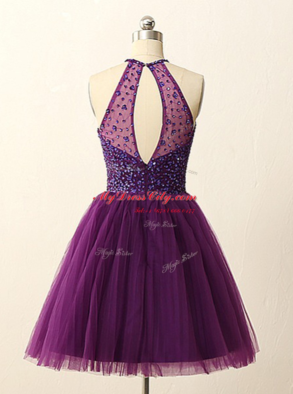 Halter Top Purple Sleeveless Mini Length Beading and Sequins Zipper Party Dress