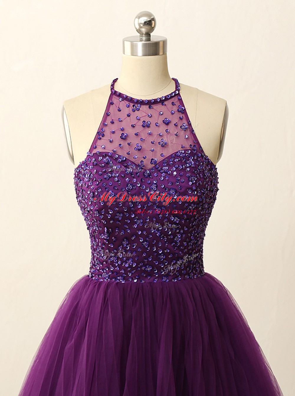 Halter Top Purple Sleeveless Mini Length Beading and Sequins Zipper Party Dress