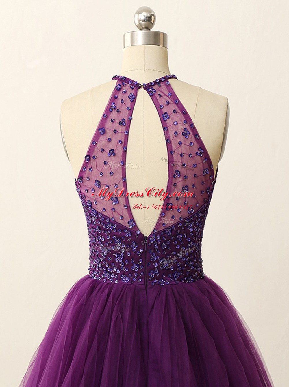 Halter Top Purple Sleeveless Mini Length Beading and Sequins Zipper Party Dress