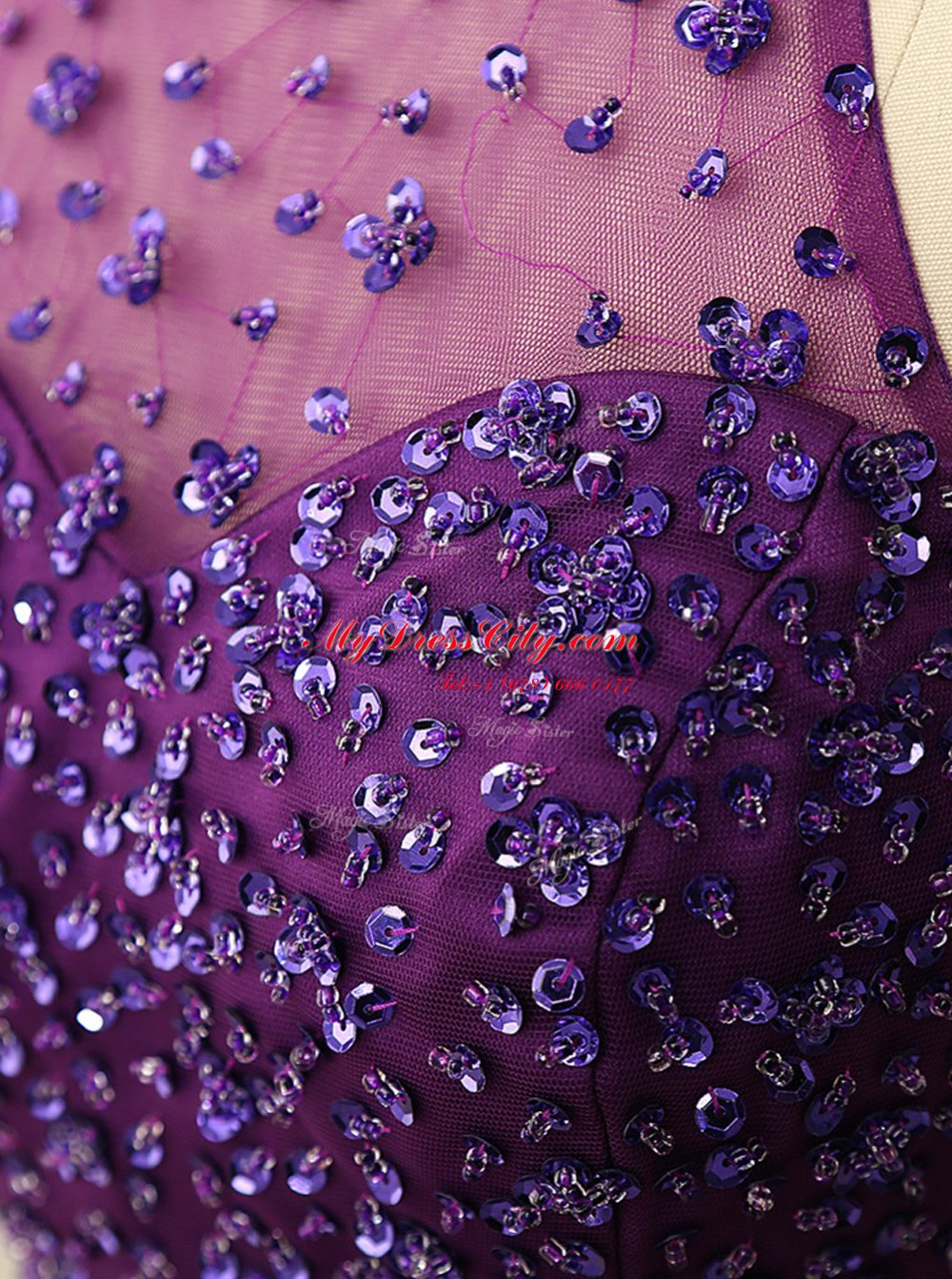 Halter Top Purple Sleeveless Mini Length Beading and Sequins Zipper Party Dress