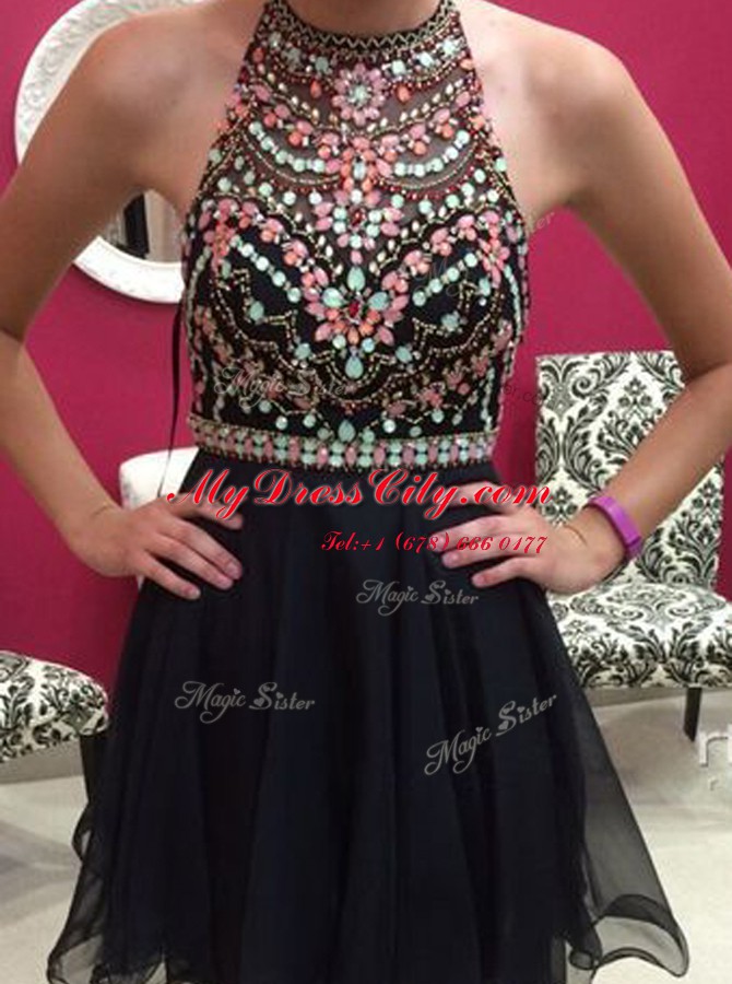 Halter Top Black Side Zipper Dress for Prom Beading Sleeveless Mini Length