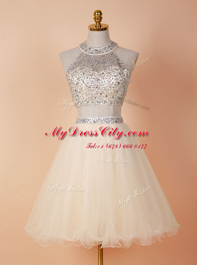 Wonderful Champagne Scoop Backless Beading Dress for Prom Sleeveless