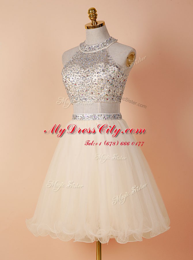 Wonderful Champagne Scoop Backless Beading Dress for Prom Sleeveless