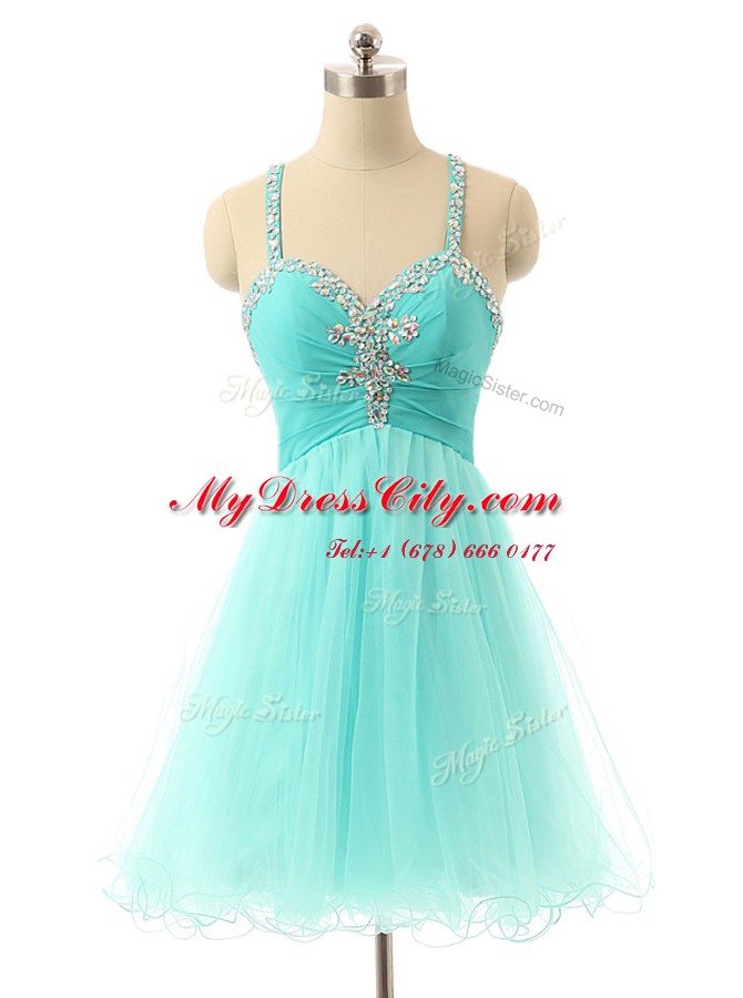 Beautiful Aqua Blue Criss Cross Beading Sleeveless Mini Length