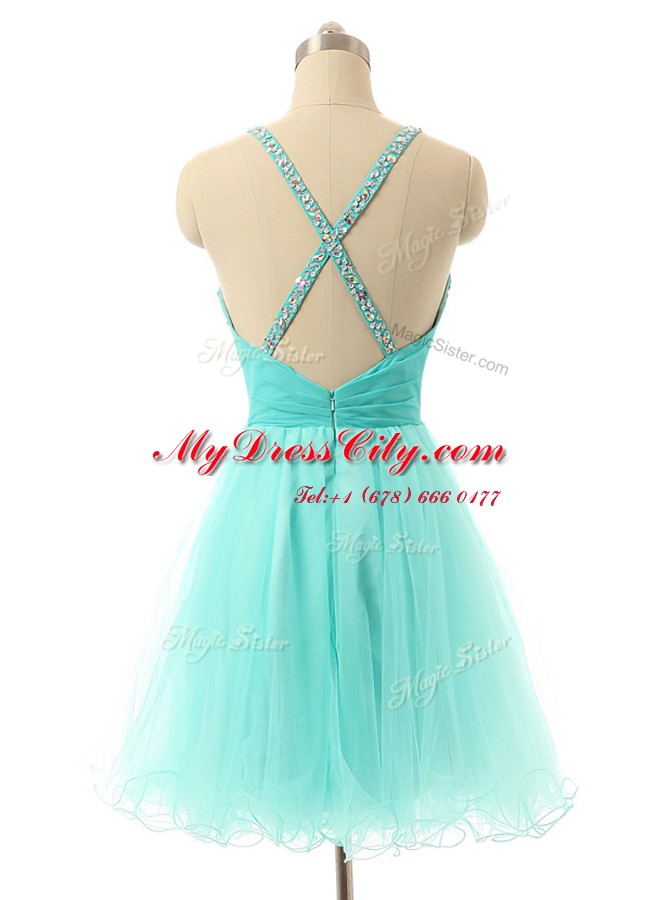 Beautiful Aqua Blue Criss Cross Beading Sleeveless Mini Length