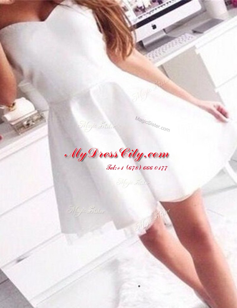 Glorious A-line Prom Gown White Sweetheart Satin Sleeveless Mini Length Zipper