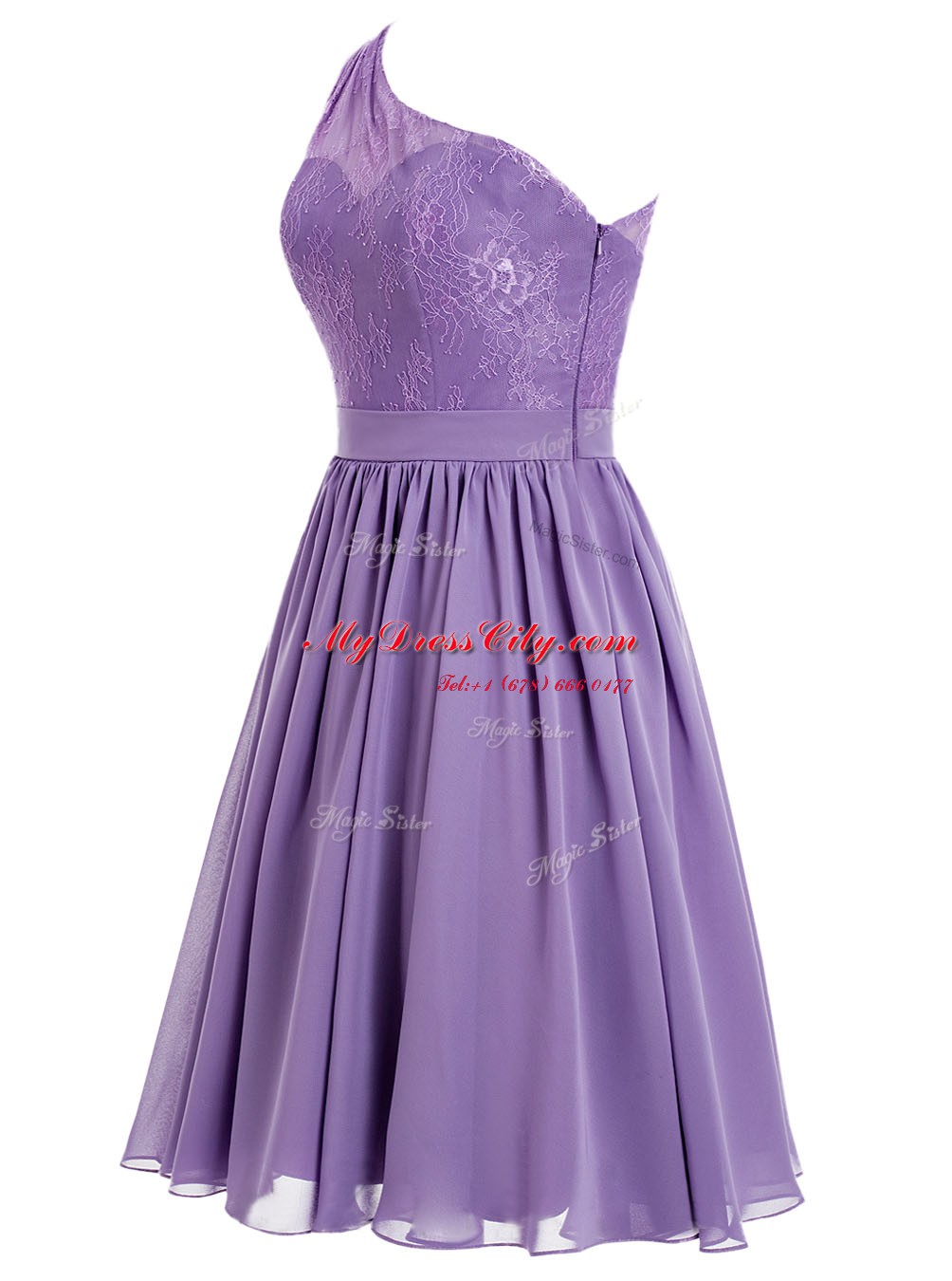 Most Popular One Shoulder Lavender Side Zipper Prom Dresses Appliques Sleeveless Ankle Length