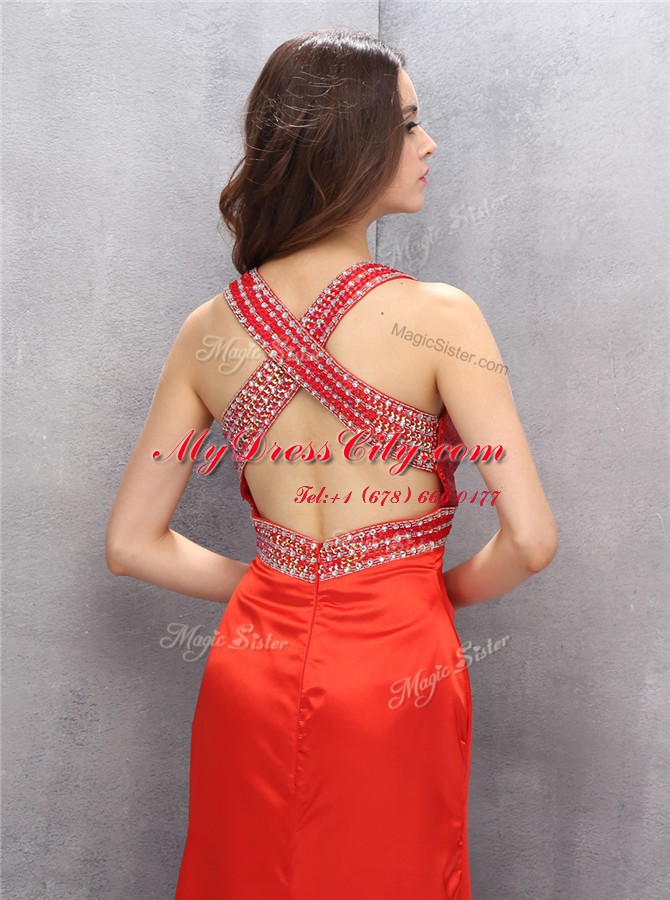 Fashionable Coral Red Criss Cross Beading Sleeveless Floor Length