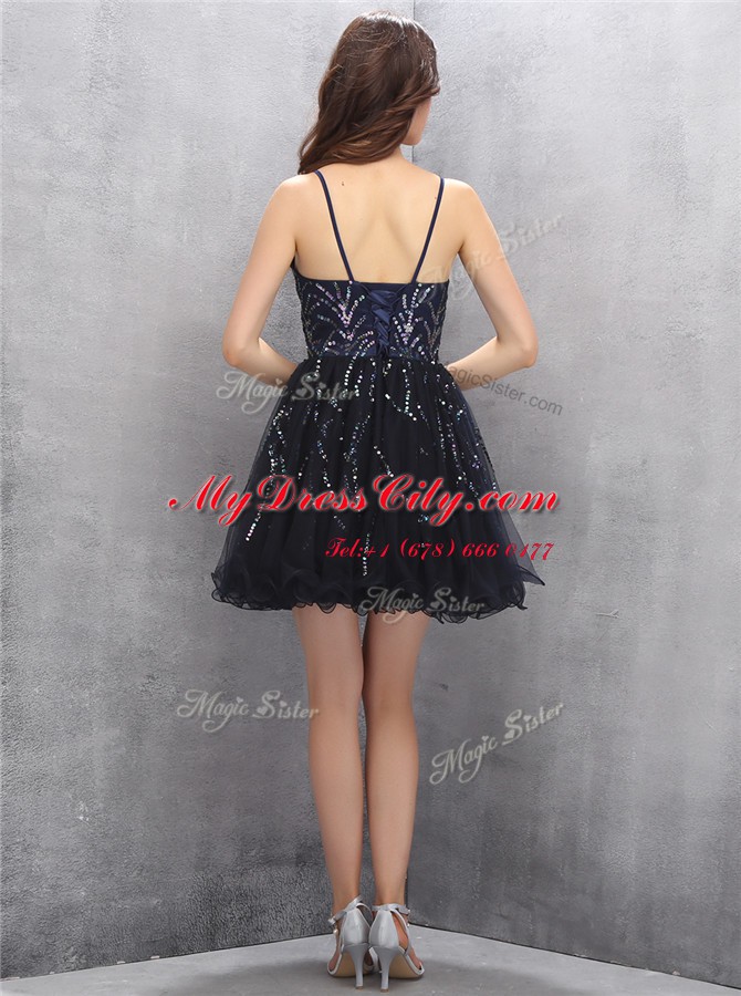 Sequins Mini Length A-line Sleeveless Black Cocktail Dresses Lace Up