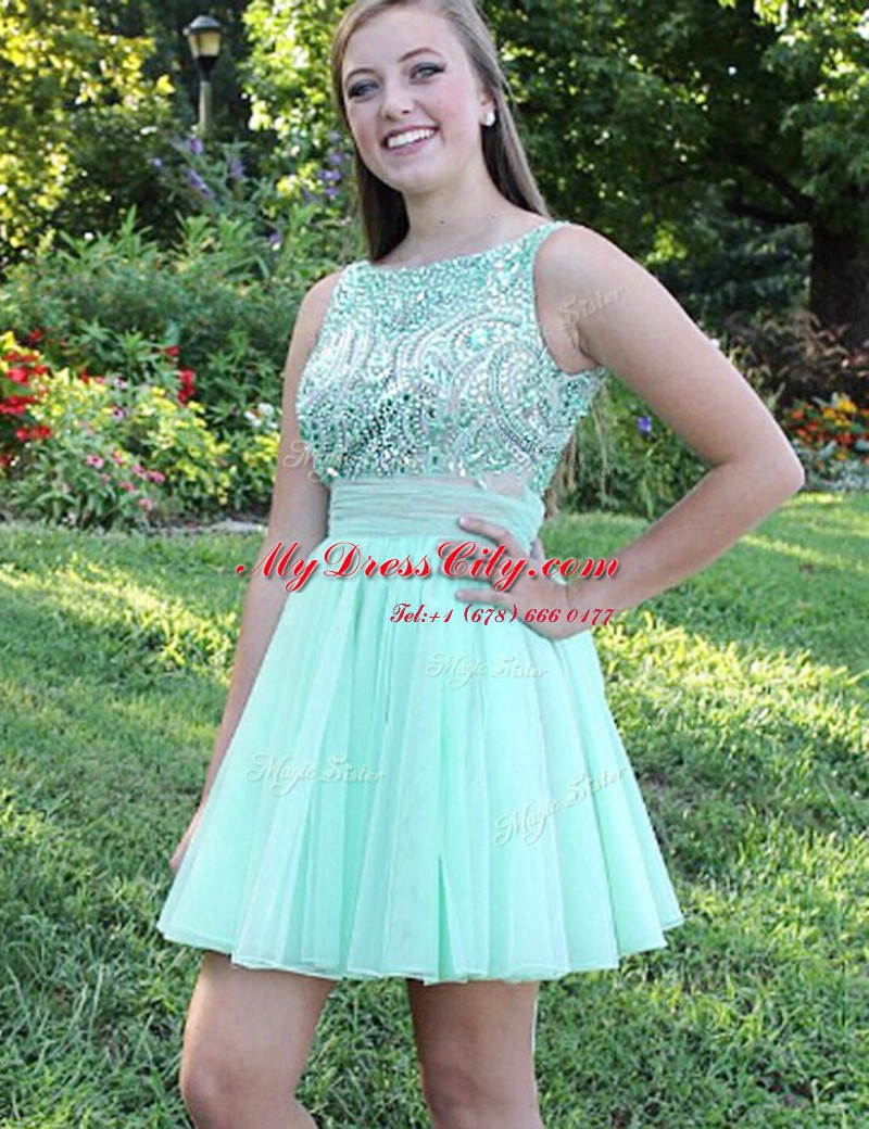 Apple Green Chiffon Backless Prom Dresses Sleeveless Mini Length Beading and Bowknot