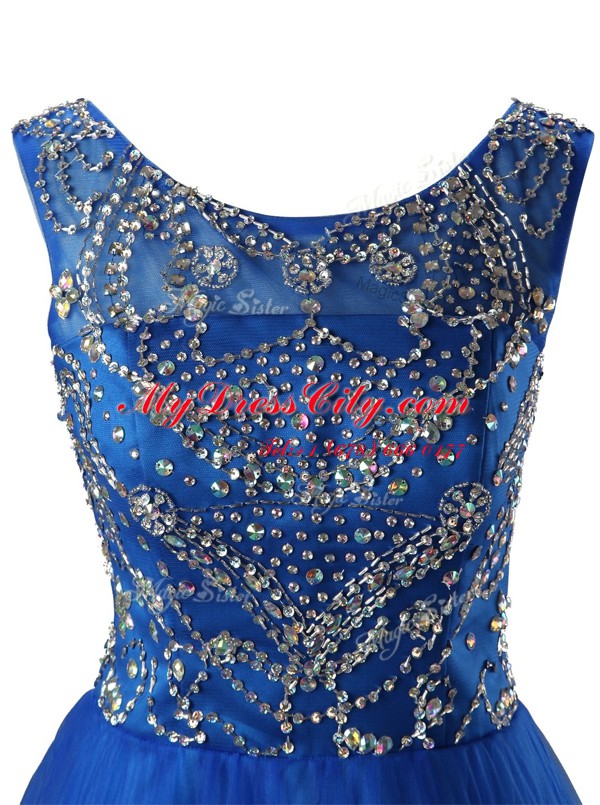 Eye-catching Tulle Scoop Sleeveless Zipper Beading Dress for Prom in Royal Blue