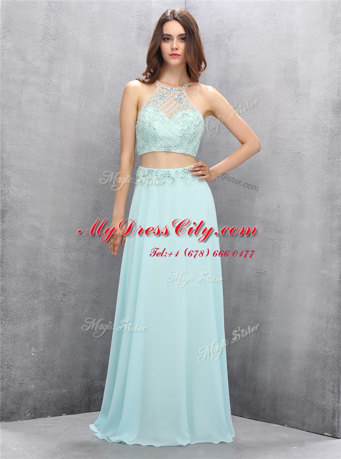 Halter Top Sleeveless Floor Length Beading Zipper Homecoming Dress with Light Blue