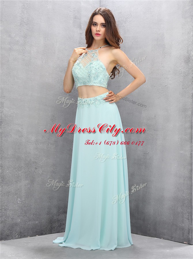 Halter Top Sleeveless Floor Length Beading Zipper Homecoming Dress with Light Blue