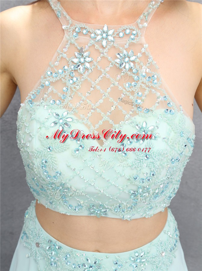 Halter Top Sleeveless Floor Length Beading Zipper Homecoming Dress with Light Blue