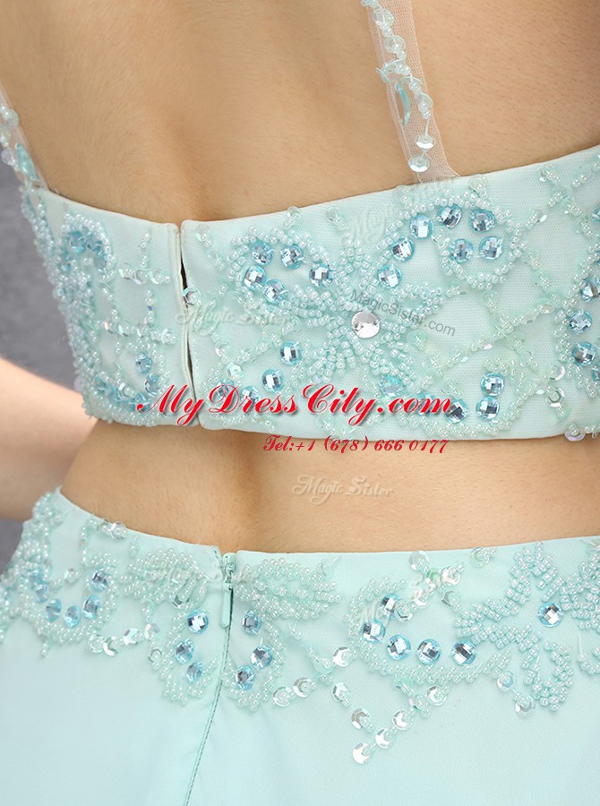 Halter Top Sleeveless Floor Length Beading Zipper Homecoming Dress with Light Blue