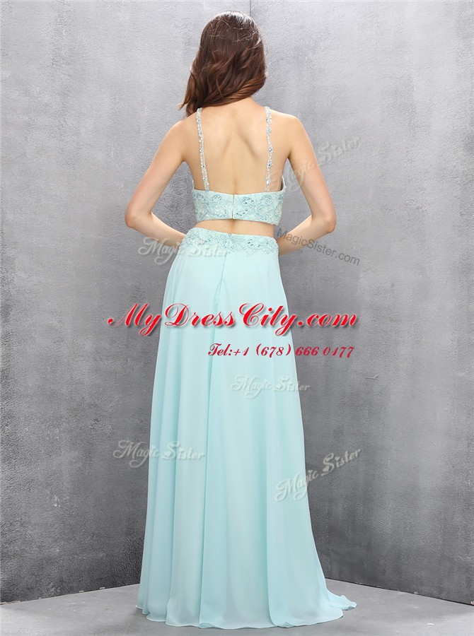 Halter Top Sleeveless Floor Length Beading Zipper Homecoming Dress with Light Blue