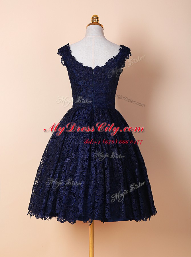 Blue and Navy Blue Prom Dresses Prom and For with Lace V-neck Sleeveless Zipper