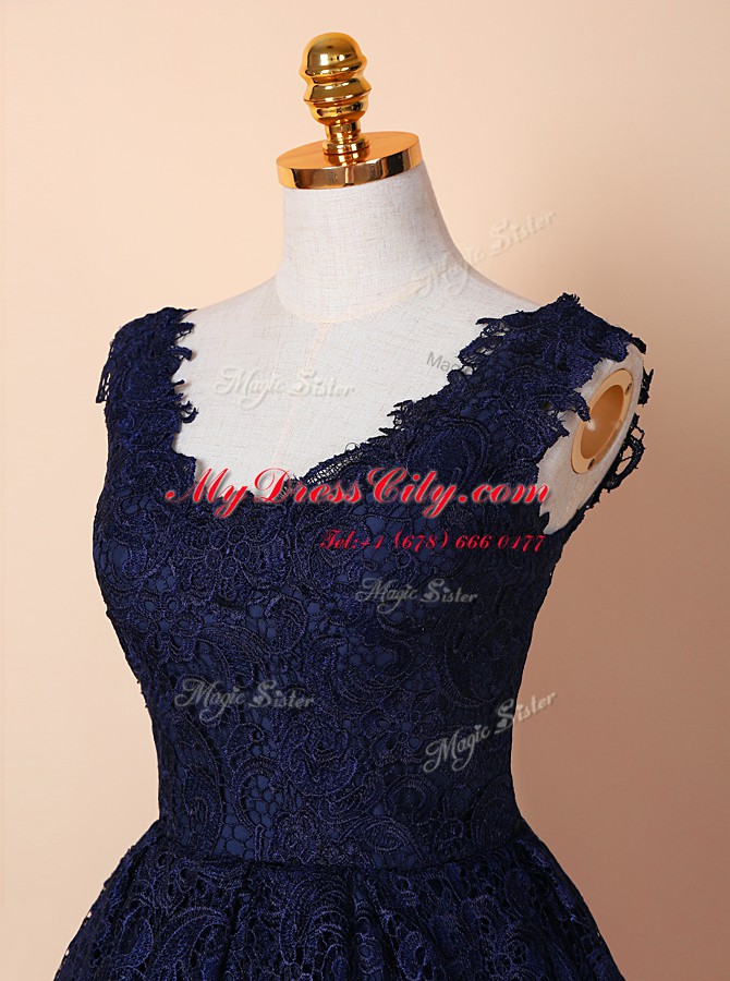 Blue and Navy Blue Prom Dresses Prom and For with Lace V-neck Sleeveless Zipper