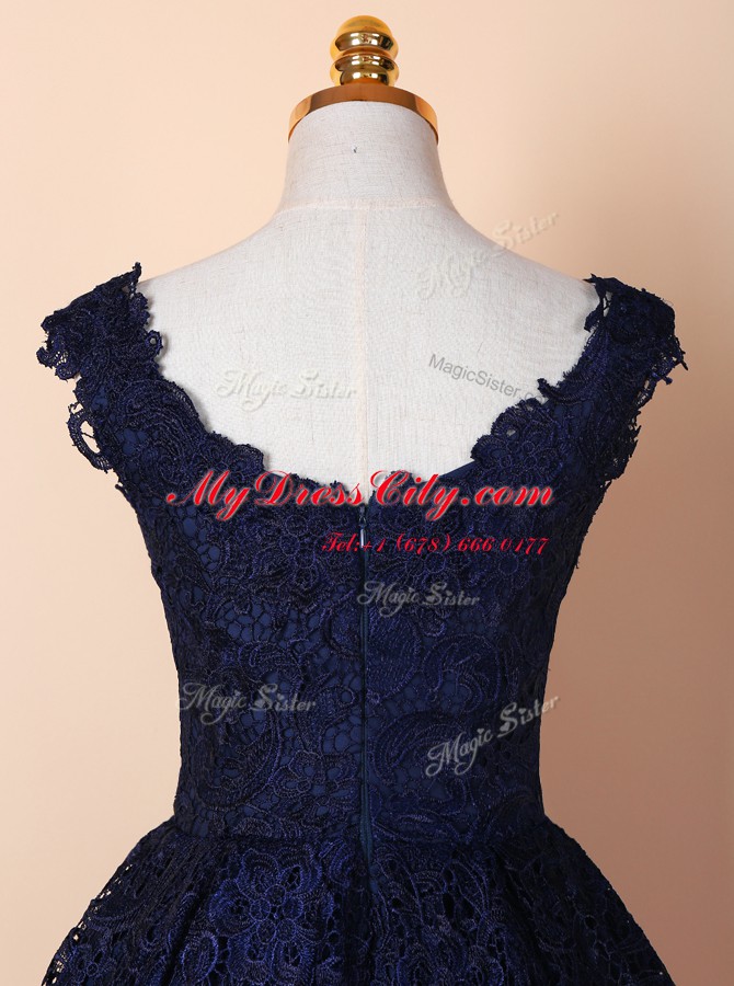 Blue and Navy Blue Prom Dresses Prom and For with Lace V-neck Sleeveless Zipper