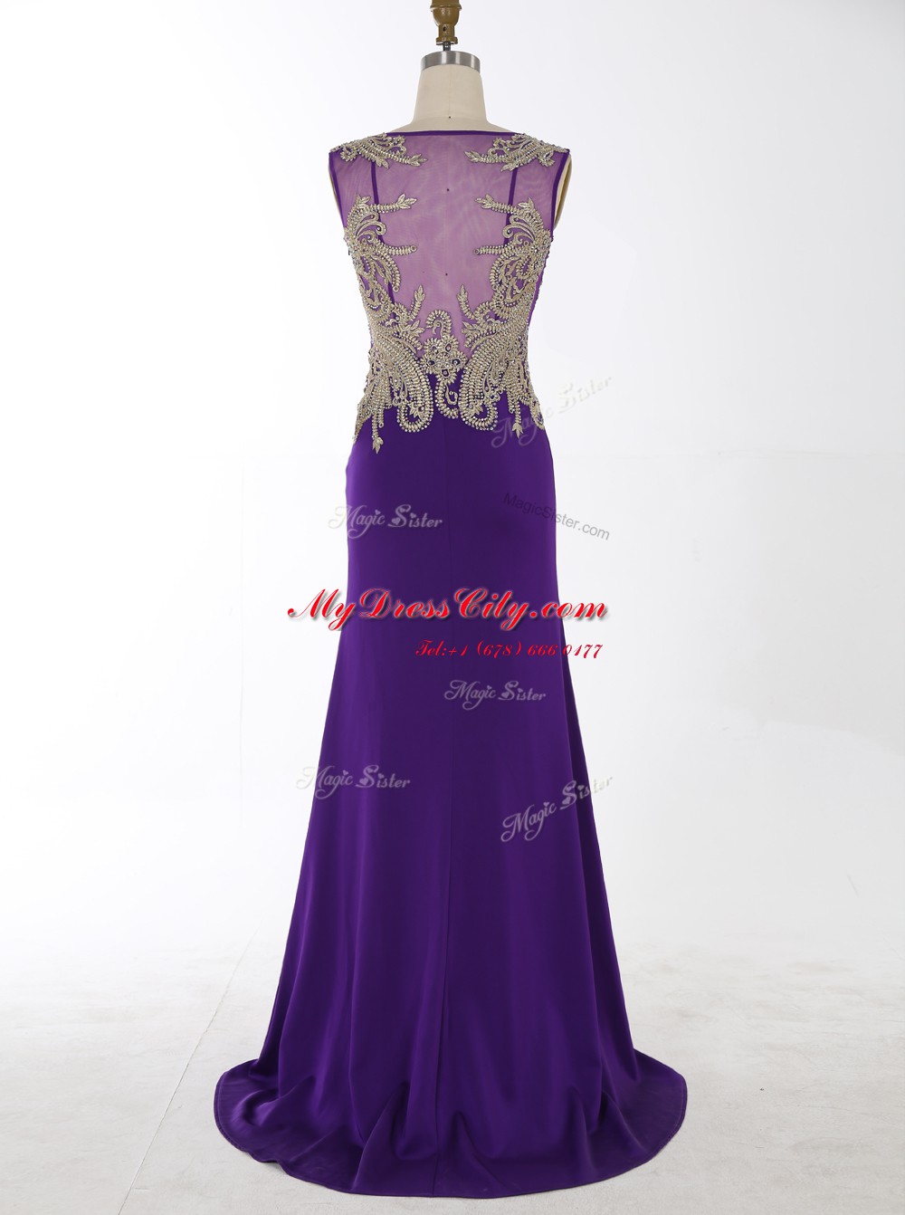 Mermaid Sleeveless Brush Train Beading and Appliques Zipper Prom Gown