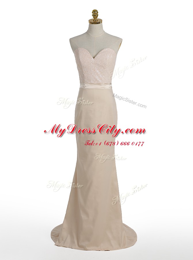 Traditional Mermaid Sweetheart Sleeveless Prom Gown With Brush Train Sequins Champagne Elastic Woven Satin