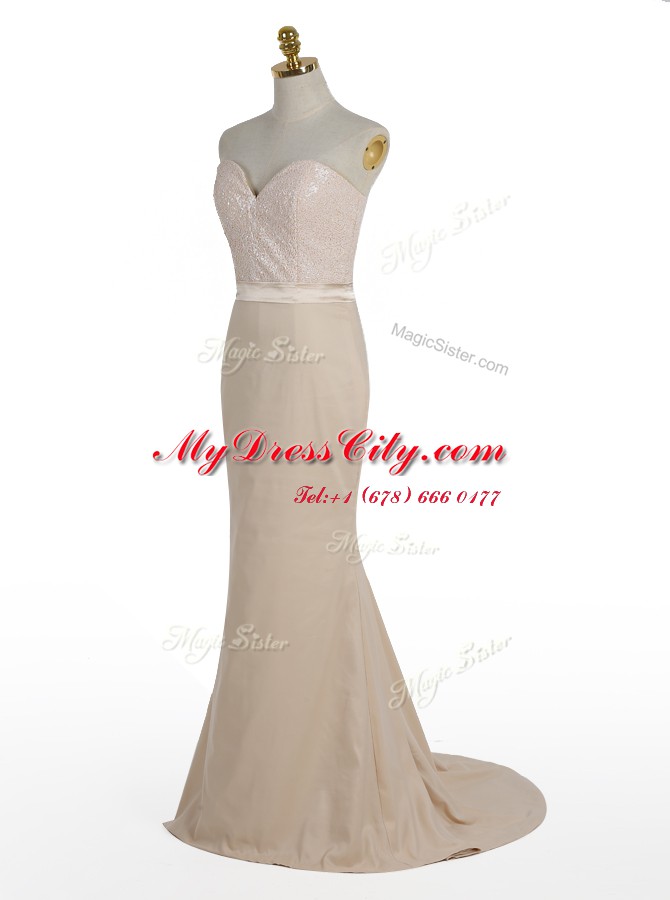 Traditional Mermaid Sweetheart Sleeveless Prom Gown With Brush Train Sequins Champagne Elastic Woven Satin