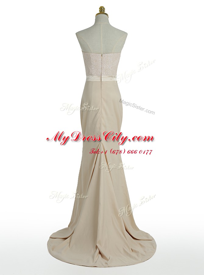 Traditional Mermaid Sweetheart Sleeveless Prom Gown With Brush Train Sequins Champagne Elastic Woven Satin