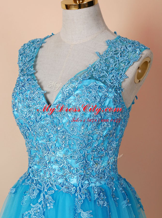 Latest Blue Sleeveless Tulle Zipper Prom Dresses for Prom