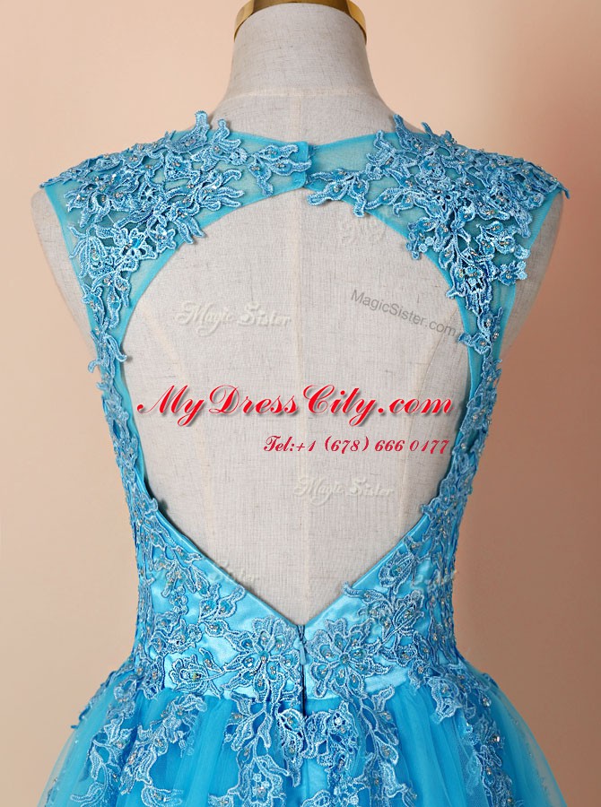 Latest Blue Sleeveless Tulle Zipper Prom Dresses for Prom