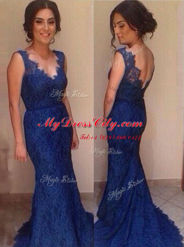 Beauteous Mermaid Sleeveless Lace Court Train Backless Evening Dress in Royal Blue with Lace