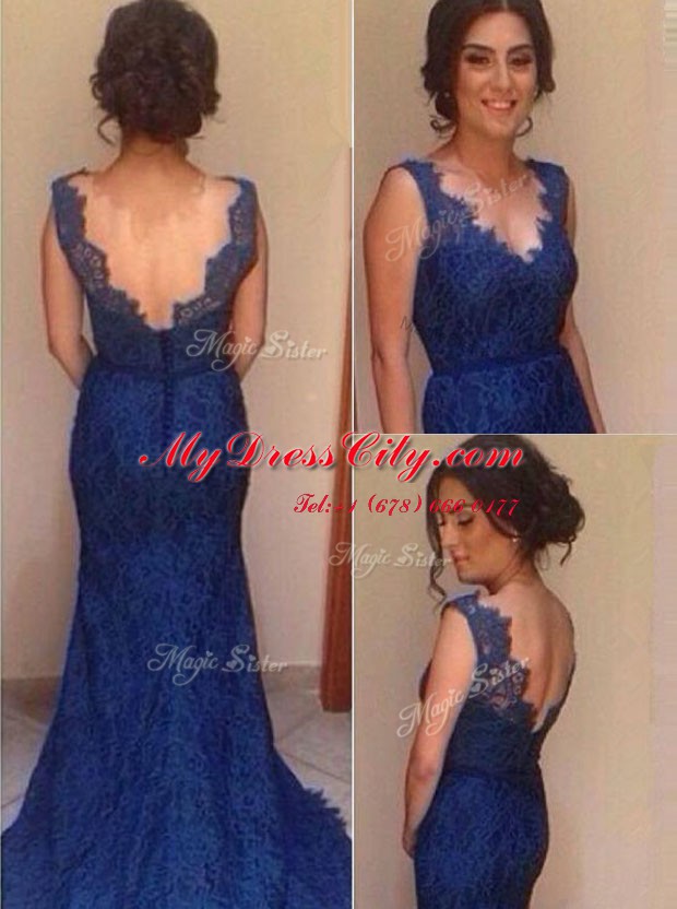 Beauteous Mermaid Sleeveless Lace Court Train Backless Evening Dress in Royal Blue with Lace