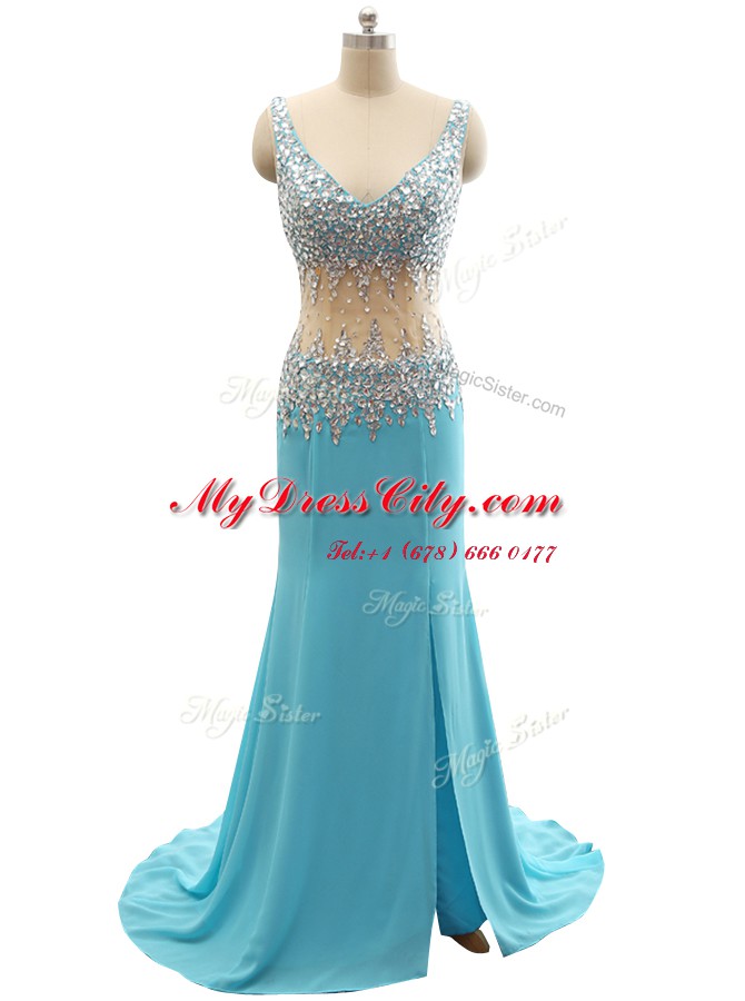 Mermaid V-neck Sleeveless Brush Train Zipper Evening Dress Aqua Blue Chiffon