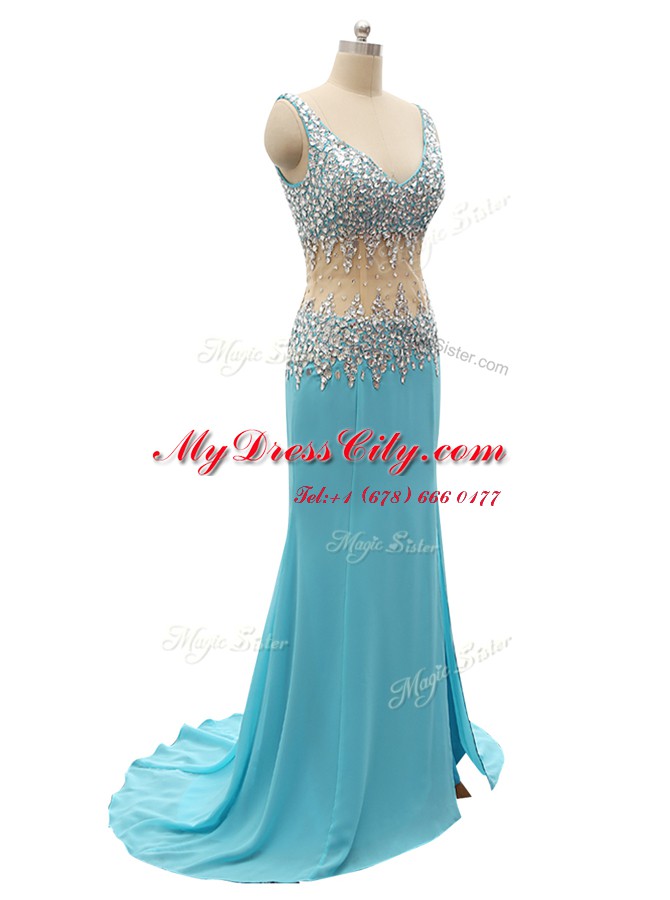 Mermaid V-neck Sleeveless Brush Train Zipper Evening Dress Aqua Blue Chiffon